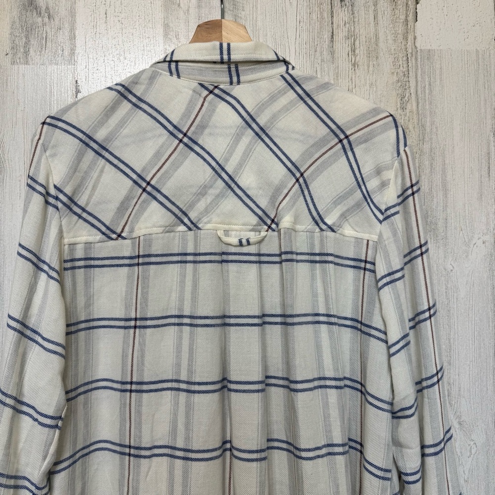 Anthropologie Pilcro Cream Blue Plaid Ruffle Front Button Down Shirt Size M - Picture 7 of 10